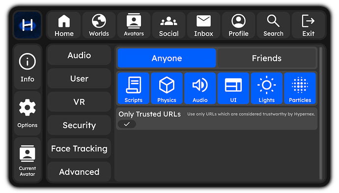 The Settings SubPage from the Home Menu