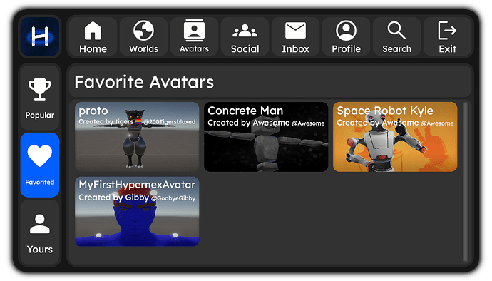 The Avatars Page, currently showing a Players's Favorited Avatars