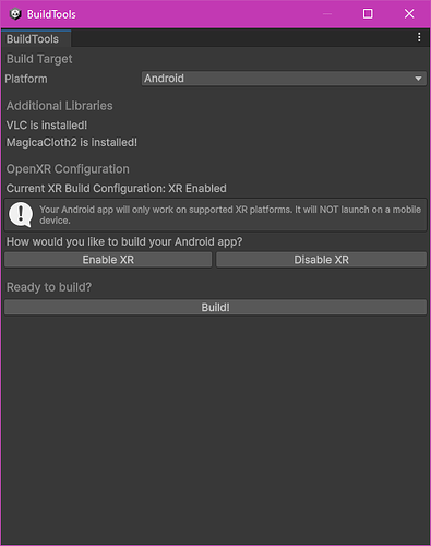 A screenshot of the BuildTools editor window in Unity