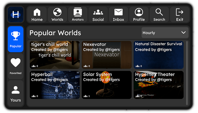 The Worlds Page, currently showing some Popular Worlds