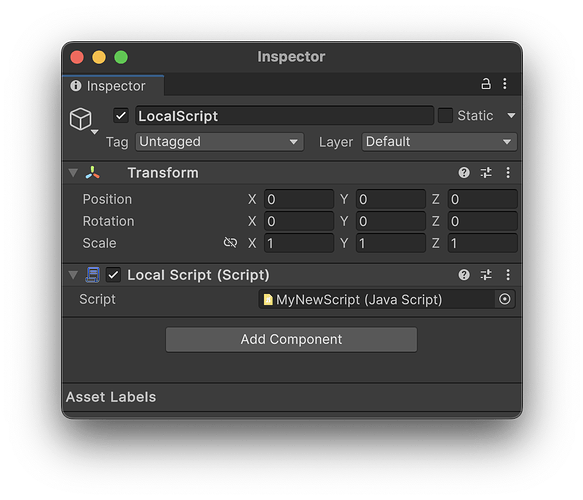 A view of the LocalScript Component, referencing a Script